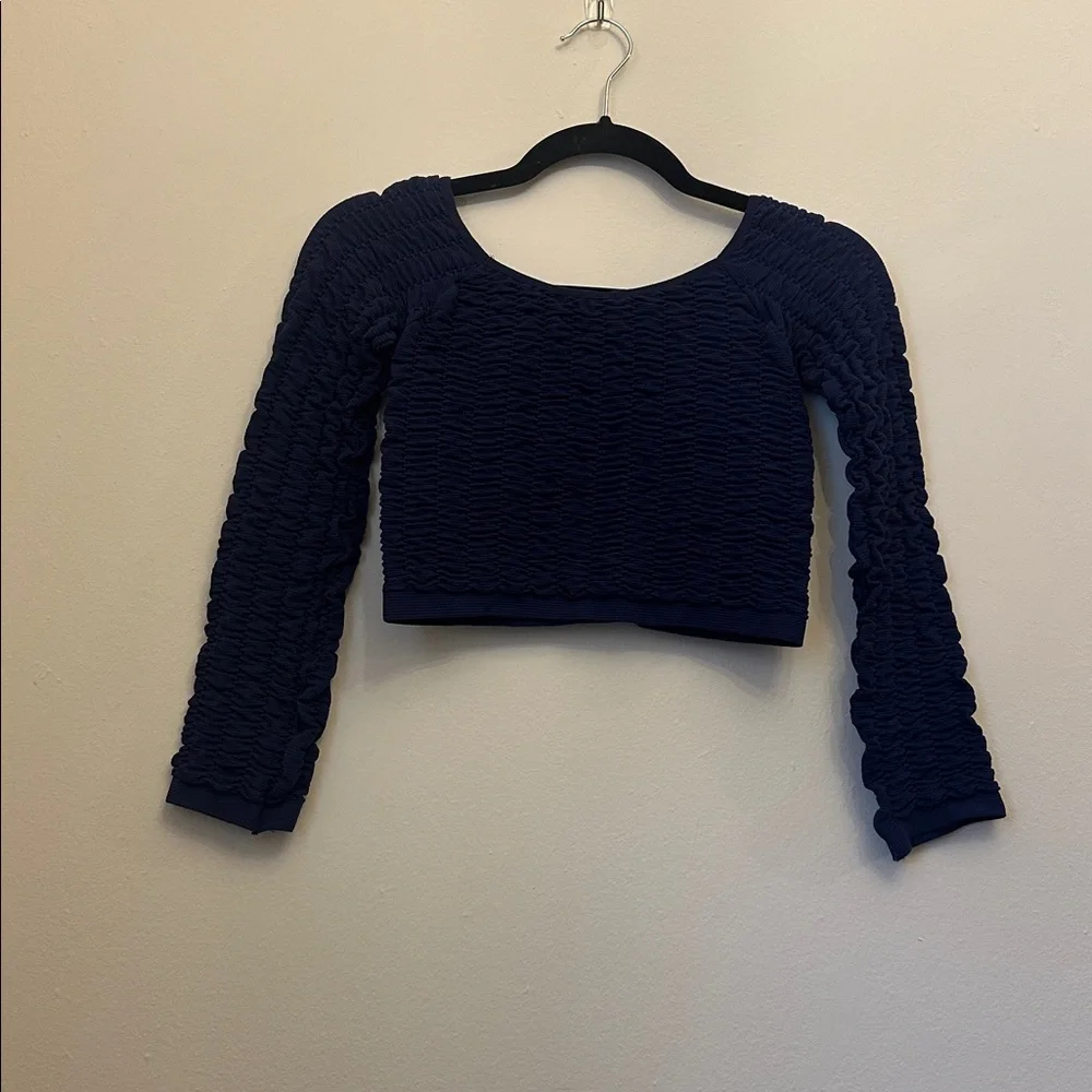 Anthropologie Navy‎ Blue Textured Ruched Fitted Long Sleeve Crop Top Sz L/XL NWT